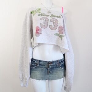 y2k new york 33 butterfly off shoulder cropped sweatshirt grey